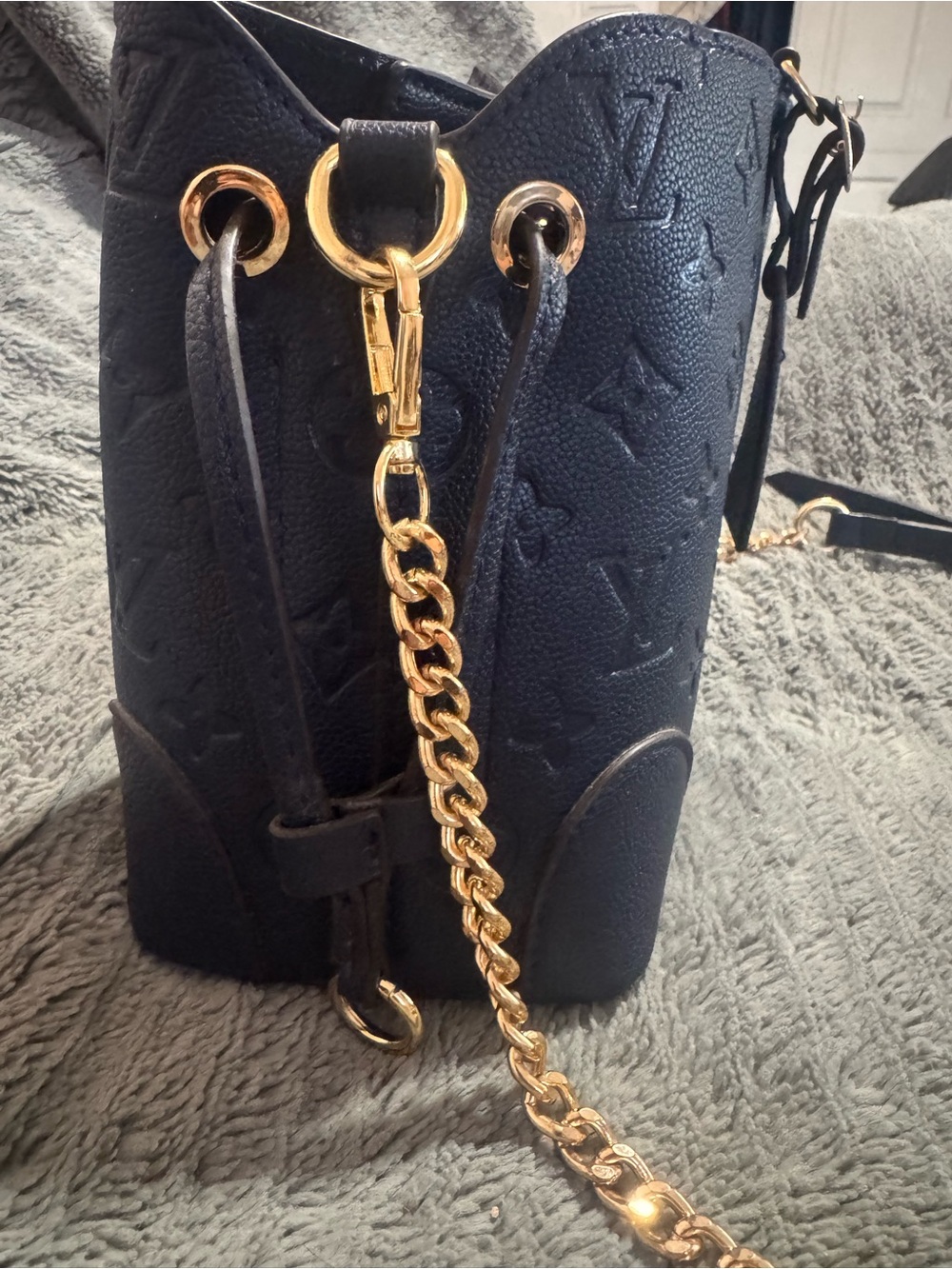 Navy Bucket Bag with Gold Chain